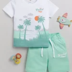 Little Ninja Cotton Half Sleeves Tropical Theme Printed Coordinating Tee & Shorts Set - Green