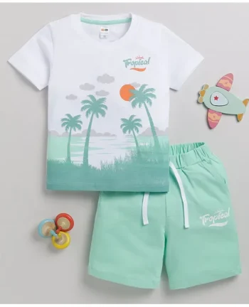Little Ninja Cotton Half Sleeves Tropical Theme Printed Coordinating Tee & Shorts Set - Green