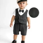 Mark & Mia Woven Half Sleeves Striped Party Romper With Attached Waistcoat & Bow - Black & White