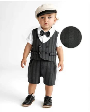 Mark & Mia Woven Half Sleeves Striped Party Romper With Attached Waistcoat & Bow - Black & White