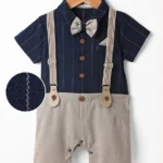 Mark & Mia Woven Half Sleeves Striped Party Romper With Bow - Navy Blue