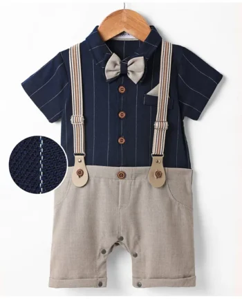 Mark & Mia Woven Half Sleeves Striped Party Romper With Bow - Navy Blue