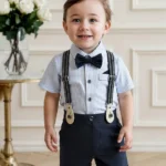 Mark & Mia Cotton Woven Half Sleeves Party Romper with Bow & Suspender with Stripes - Navy Blue