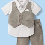 Babyhug Cotton Woven Half Sleeves Solid Color Shirt & Shorts Set with Attached Waistcoat - White & Grey
