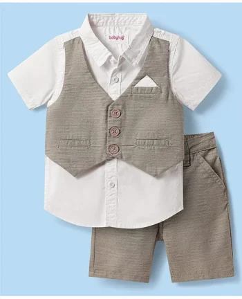 Babyhug Cotton Woven Half Sleeves Solid Color Shirt & Shorts Set with Attached Waistcoat - White & Grey