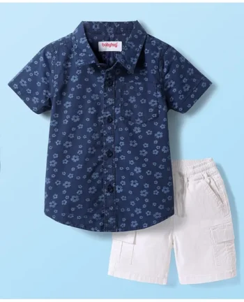 Babyhug Cotton Knit Half Sleeves Shirt & Shorts with Floral Print - Navy Blue & Beige