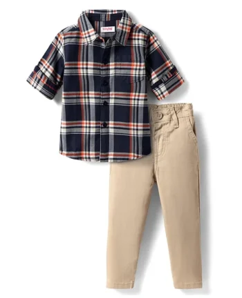 Babyhug Cotton Woven Full Sleeves Checks Shirt & Trouser Set - Navy Blue & Beige