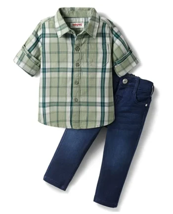 Babyhug Cotton Woven Full Sleeves Checkered Shirt & Denim Jeans - Olive Green & Blue