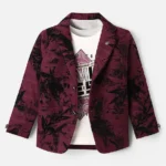 Dapper Dudes Full Sleeves Leaves Printed Blazer With Typographic Tee - Wine