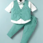 Dapper Dudes Full Sleeves Solid Shirt With Striped Waistcoat Bow & Pant Set - Pista