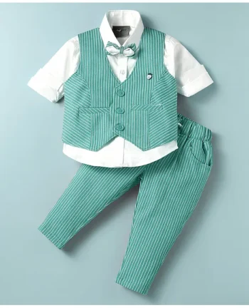 Dapper Dudes Full Sleeves Solid Shirt With Striped Waistcoat Bow & Pant Set - Pista
