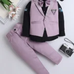 Fourfolds Full Sleeves Typography Printed Shirt With Solid Waistcoat Trousers & Bow Set - Purple