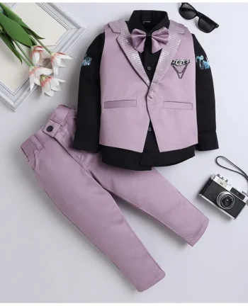 Fourfolds Full Sleeves Typography Printed Shirt With Solid Waistcoat Trousers & Bow Set - Purple