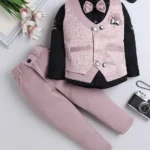 Fourfolds Full Sleeves Typography Printed Shirt With Embroidered Waistcoat Trousers & Bow Set - Pink