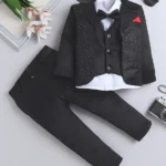 Fourfolds Full Sleeves Solid Short With Embellished Blazer Trousers & Bow Set - Black