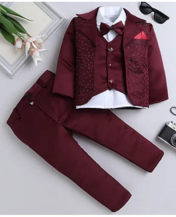 Fourfolds Full Sleeves Solid Short With Embellished Blazer Trousers & Bow Set - Wine