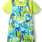 Babyhug Single Jersey Knit Half Sleeves T-Shirt & Dungaree With Text & Beach Theme Print - Limegreen