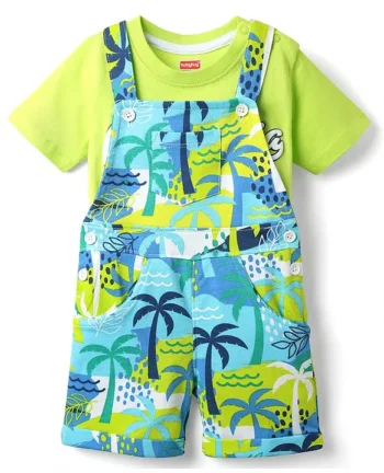 Babyhug Single Jersey Knit Half Sleeves T-Shirt & Dungaree With Text & Beach Theme Print - Limegreen