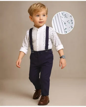 Babyhug Woven Full Sleeves Floral Printed Shirt & Trouser Set with Suspender - White & Navy Blue