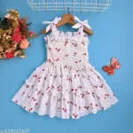 Girl White Cherry Print Sleeveless Frock with Ruffle Layers & Tie Straps - Baby Girls Sleeveless Knee Length Frock / Girls Charming Dress