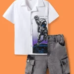 OLLINGTON ST. Ollington St. Cotton Knit Half Sleeves Astronaut Printed Shirt & Shorts Set - White & Black