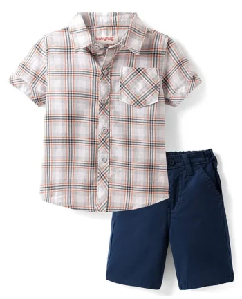 Babyhug Cotton Woven Half Sleeves Checks Shirt & Shorts Set - Beige & Navy Blue