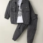 Rikidoos Full Sleeves Striped Jacket With Typography Printed Tee & Coordinating Joggers - Dark Grey & White