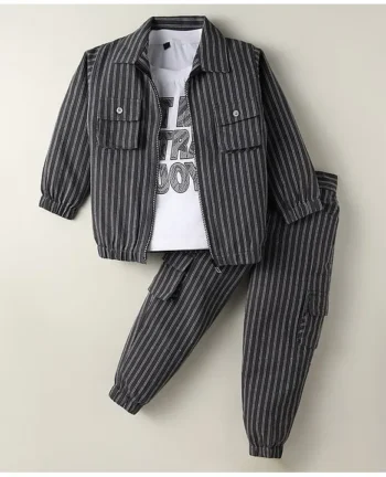 Rikidoos Full Sleeves Striped Jacket With Typography Printed Tee & Coordinating Joggers - Dark Grey & White
