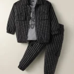 Rikidoos Full Sleeves Striped Jacket With Typography Printed Tee & Coordinating Joggers - Black & Grey