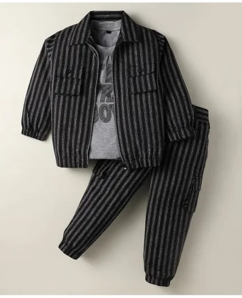 Rikidoos Full Sleeves Striped Jacket With Typography Printed Tee & Coordinating Joggers - Black & Grey