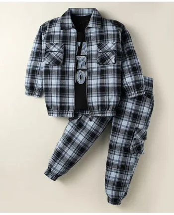 Rikidoos Full Sleeves Checked Jacket With Typography Printed Tee & Coordinating Joggers - Black & Blue