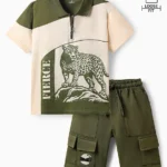 OLLINGTON ST. Ollington St. Cotton Knit Half Sleeves Polo T-Shirt & Shorts Set With Leopard Print - Olive Green