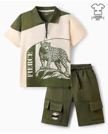 OLLINGTON ST. Ollington St. Cotton Knit Half Sleeves Polo T-Shirt & Shorts Set With Leopard Print - Olive Green
