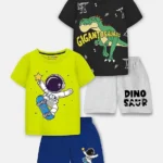Trampoline Cotton Blend Pack Of 2 Half Sleeves Dinodaur & Space Theme Printed Tees With Shorts Set - Multi Colour