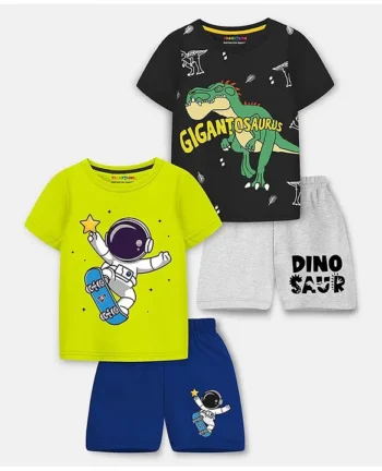 Trampoline Cotton Blend Pack Of 2 Half Sleeves Dinodaur & Space Theme Printed Tees With Shorts Set - Multi Colour