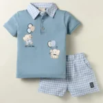 Ollypop Interlock Knit Half Sleeves Polo T-Shirt and Shorts Set with Checks & Elephant Print - Light Blue