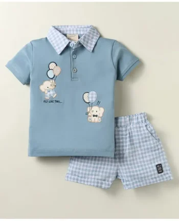 Ollypop Interlock Knit Half Sleeves Polo T-Shirt and Shorts Set with Checks & Elephant Print - Light Blue