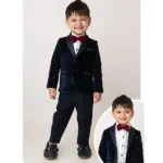 LITTLE COLLARS Shiny Velvet Full Sleeves Dots Printed Tuxedo With Pant Shirt & Bow Set - Blue