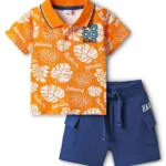 Babyhug Single Jersey Knit Half Sleeves Polo T-Shirt & Shorts With Tropical Print - Orange & Blue
