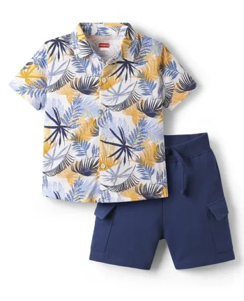 Babyhug Single Jersey Knit Half Sleeves Shirt & Shorts with Tropical Print - Navy Blue
