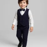 Babyhug Knit Full Sleeves Solid Color 3 Piece Party Suit with Bow - Navy Blue & White