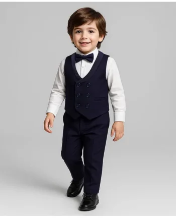 Babyhug Knit Full Sleeves Solid Color 3 Piece Party Suit with Bow - Navy Blue & White