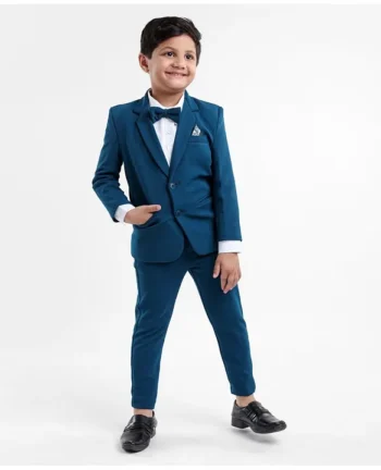 Babyhug Full Sleeves Stretch Fit 3 Piece Party Suit with Bow - Teal Blue