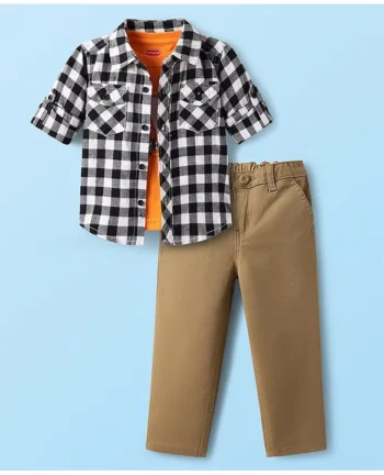 Babyhug Cotton Woven Full Sleeves Checks Shirt & Denim Jeans Set With Text Printed T-Shirt - Multicolor