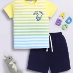 Little Ninja Cotton Half Sleeves Cute Dino Text Printed & Striped Tee & Shorts Set - Multi Colour