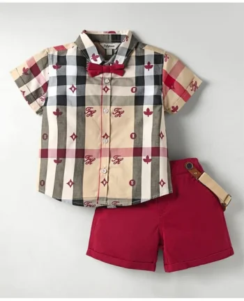 ToffyHouse Poplin Woven Half Sleeves Checekered Shirt & Shorts Set with Bow & Suspender - Maroon