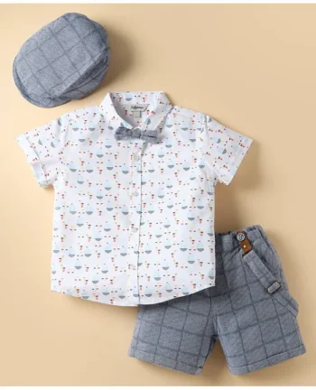 ToffyHouse Poplin Woven Half Sleeves Nautical Theme Printed Shirt & Checkered Shorts Set with Bow Cap & Suspender - White & Light Grey