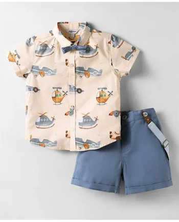 ToffyHouse Poplin Woven Half Sleeves Shirt & Shorts Set with Bow & Suspender with Airplane Print- Blue & Peach