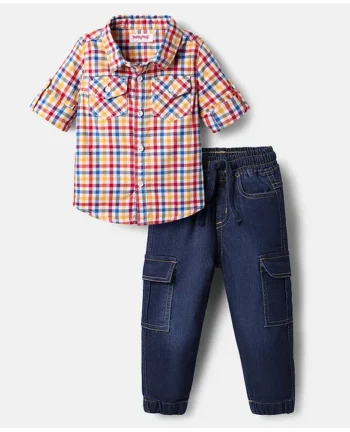 Babyhug Cotton Woven Full Sleeves Checks Shirt & Denim Jeans Set - Multicolor