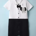 Mark & Mia Cotton Knit Half Sleeves Romper With Elephant Patch & Bow Applique - White & Navy Blue